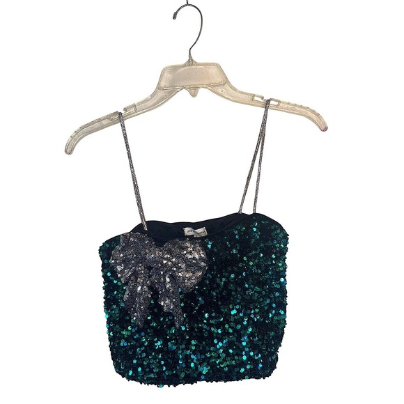 Love On A Hanger Sequin NWT Bow Crop Top Emerald Green Silver Sparkle Y2K Glam - Picture 1 of 7